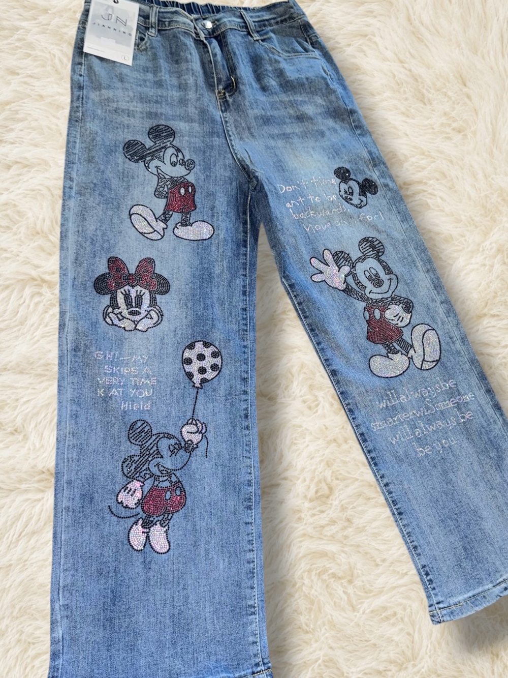 Mickey Mouse Rhinestone Denim Jeans Women’s Size L Blue Straight Leg